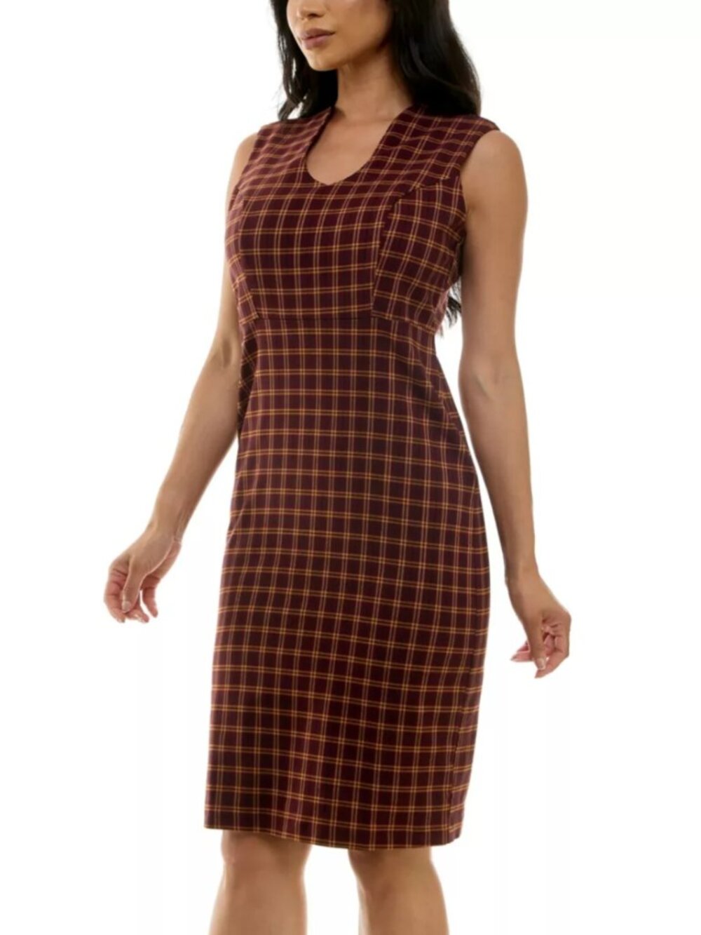 Nina Leonard Burgundy Plaid Midi Dress with Mustard Check
